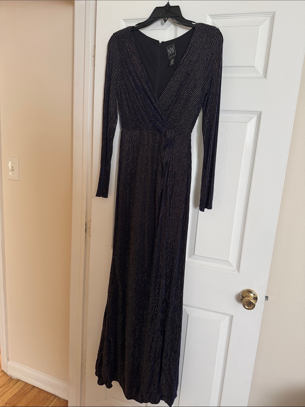 Night Way Collections Black Metallic Long Sleeve Wrap Maxi Gown